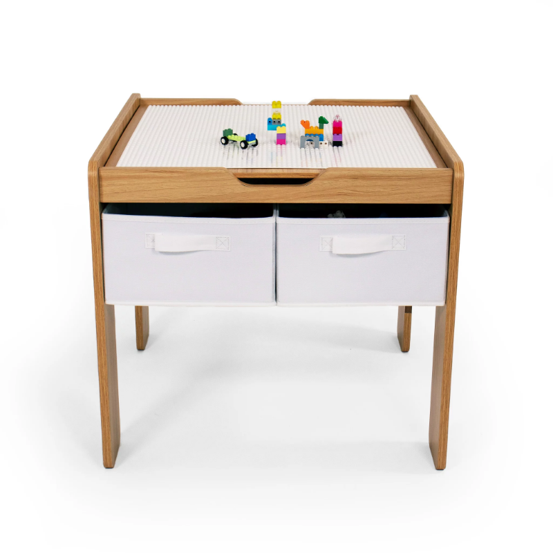 BOUSSAC Journey Kids Wood Building Block-Compatible Table With 4 Bins, White/Natural Wood