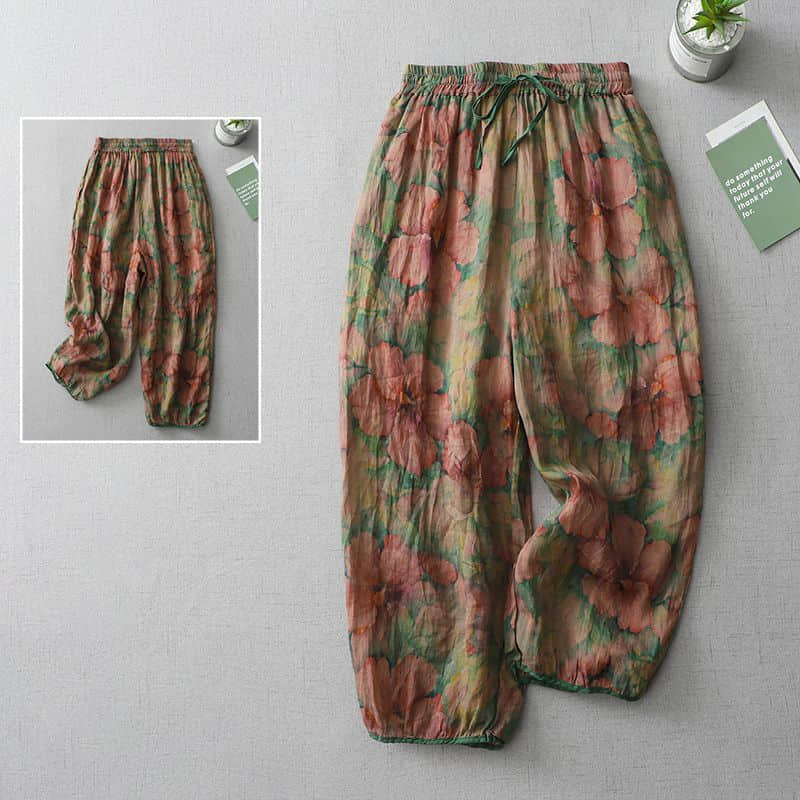 Celana motif cetak untuk wanita celana Harem longgar celana panjang pinggang elastis model Korea tipis musim panas Vintage celana lentera Harajuku wanita