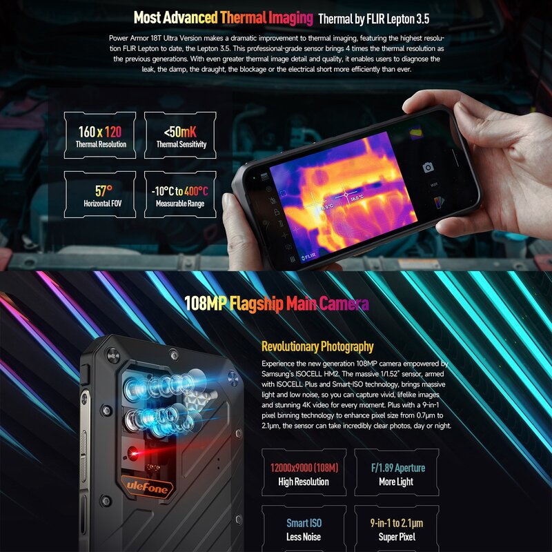 Ulefone-Smartphone robuste Power Armor 18T Ultra 5G, 6.58 ", 12 Go + 512 Go, Android 13, caméra thermique FLIR®9600mAh 108MP 66W NDavid