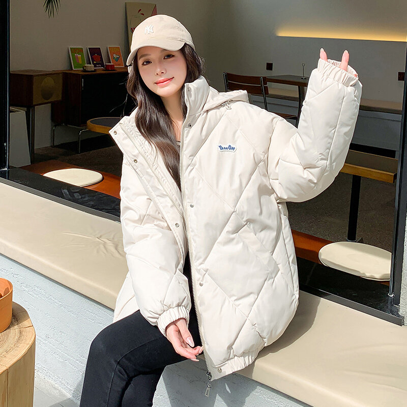 Jaket Puffer minimalis wanita, jaket gelembung Korea longgar bertudung Musim Dingin 2023 4 warna