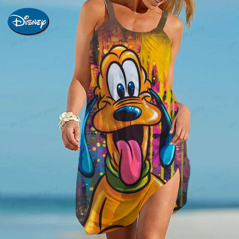 2024 Sleeveless Disney Goofy Print Bandage Cut Out Maxi Dress Summer Women Fashion Sexy Beach style Party Club Elegant Top