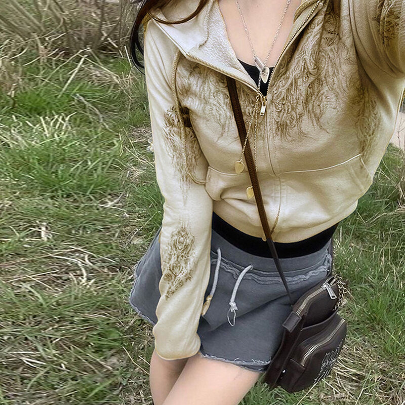 Hirigin Harajuku wydruk graficzny przycięte bluzy E-girl Dark Academia Y2K Vintage bluza z kapturem jesień wiosna długi płaszcz z rękawami