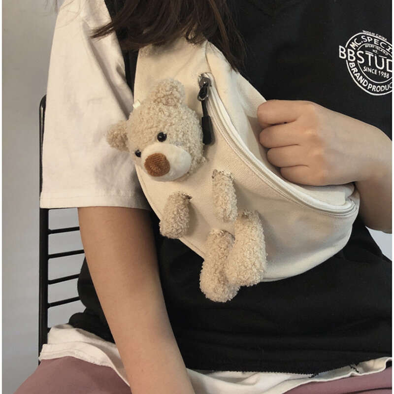 귀여운 곰 만화 대용량 크로스 바디 숄더백 여성용, 손 무료 캔버스 가방 벨트 가방