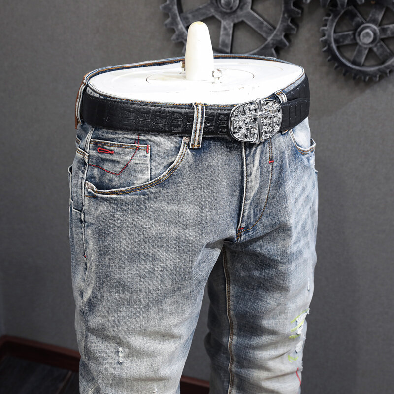 Модные Винтажные мужские джинсы высокого качества ретро серые синие эластичные облегающие рваные джинсы мужские брюки с вышивкой в стиле хип-хоп