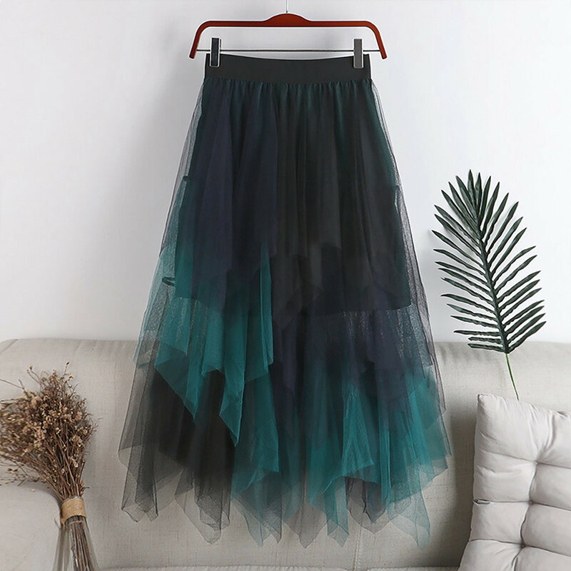 Lady Elegant Gradient Color Mesh Skirt Women'S Fairy Tulle Long Maxi Skirt High Waist Starry Sky A Line Pleated Dancewear Skirt