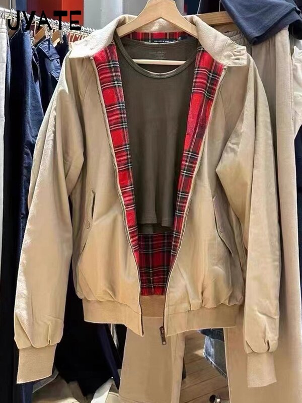 Harajuku giacca da volo con cerniera scozzese rossa interna donna autunno cotone collo alto spesso giacche larghe Chic Vintage Y2K cappotto top