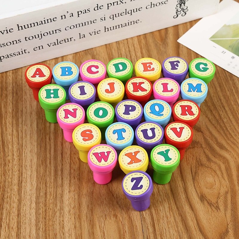 26 Pcs Alphabets Letters Round Stamp Seal Self Inking Scrapbooking Plate Ink Pads Stamper for Children Gifts Toys