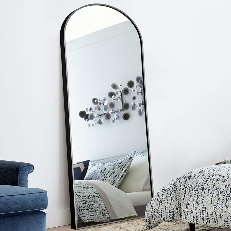 Miroir de coiffeuse du sol au plafond avec support, miroir de courtoisie complet suspendu ou contre le mur, noir et or
