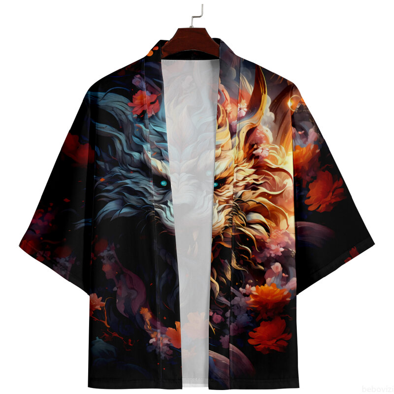Kardigan pakaian jalanan Jepang longgar Musim Panas 2024 Kimono atasan Yukata Anime Lion Haori pakaian ukuran besar 4XL 5XL 6XL