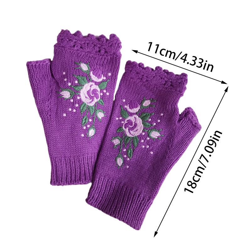 8 kolorów haft w kwiaty pszczelich dzianinowe rękawiczki na pół palca miękkie ciepłe ręcznie robione jesienno-zimowe damskie rękawiczki na zewnątrz jeden rozmiar