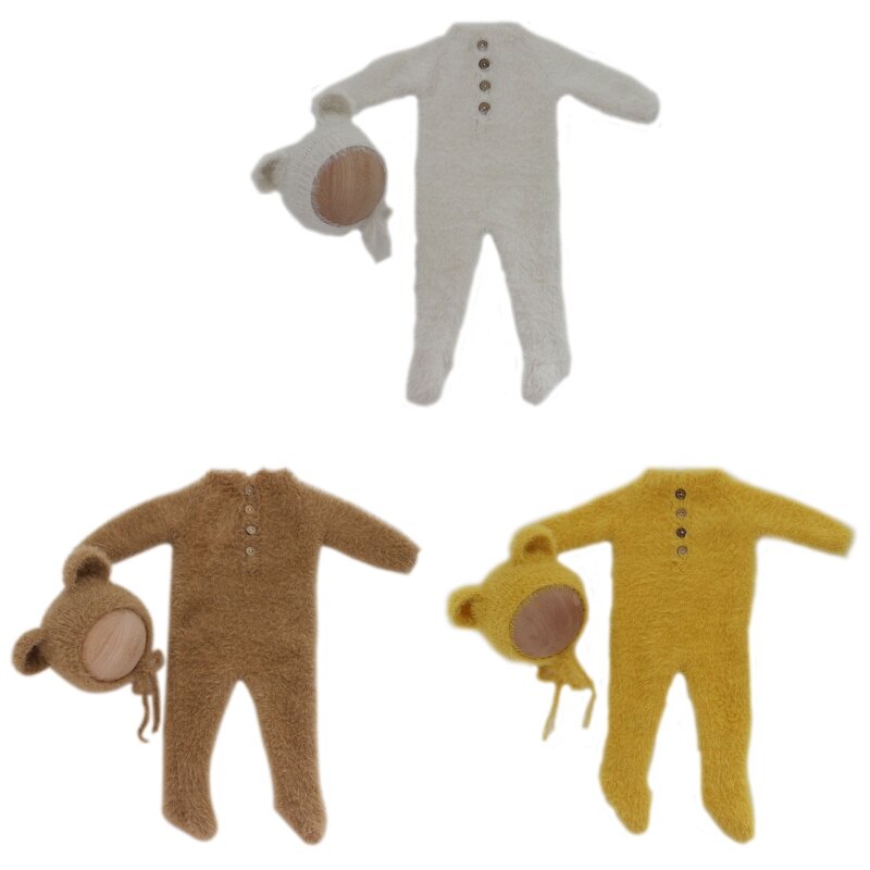 2 Buah/Set Alat Peraga Fotografi Baru Lahir Pakaian Luar Baju Monyet Rajutan Bayi Set Topi Telinga Lucu Bayi Pemotretan Beanie Jumpsuit