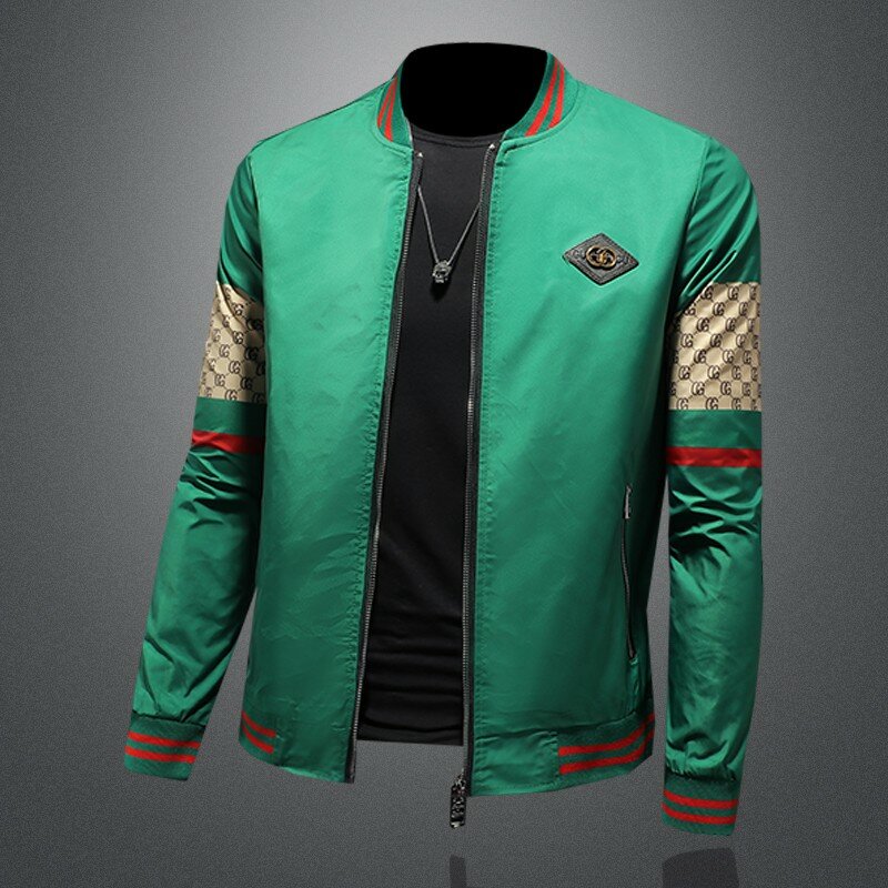 Men's boutique luxury jacket new zippered stand up collar black green men's casual fashion slim fit jacket plus size M-5XL