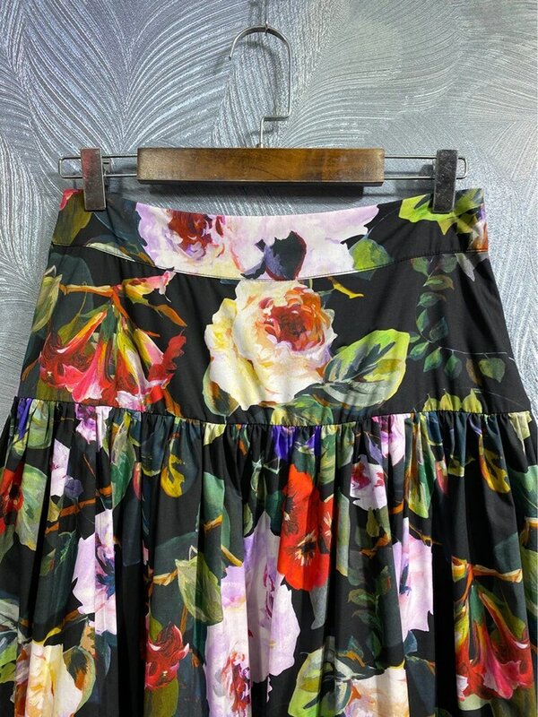 DLDENGHAN-Saia longa de cintura alta com estampa floral feminina, 100% algodão, estilista vintage, nova primavera