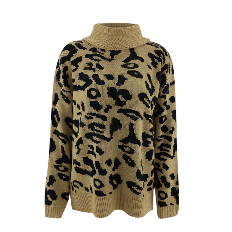 2023 Senhoras Impressão Leopardo Camisola de Gola Alta Outono Manga Comprida Pullover Primavera Moda Solta Casual Oversized Camisola Pullover