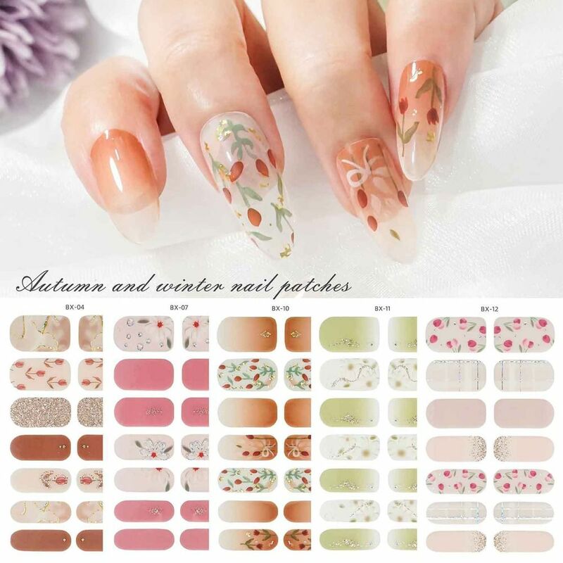 Floristic Semi Cured Gel Nail Stickers Full Cover French Nail Art Nail Patch 14 Strips Gel Nail Polish Strips