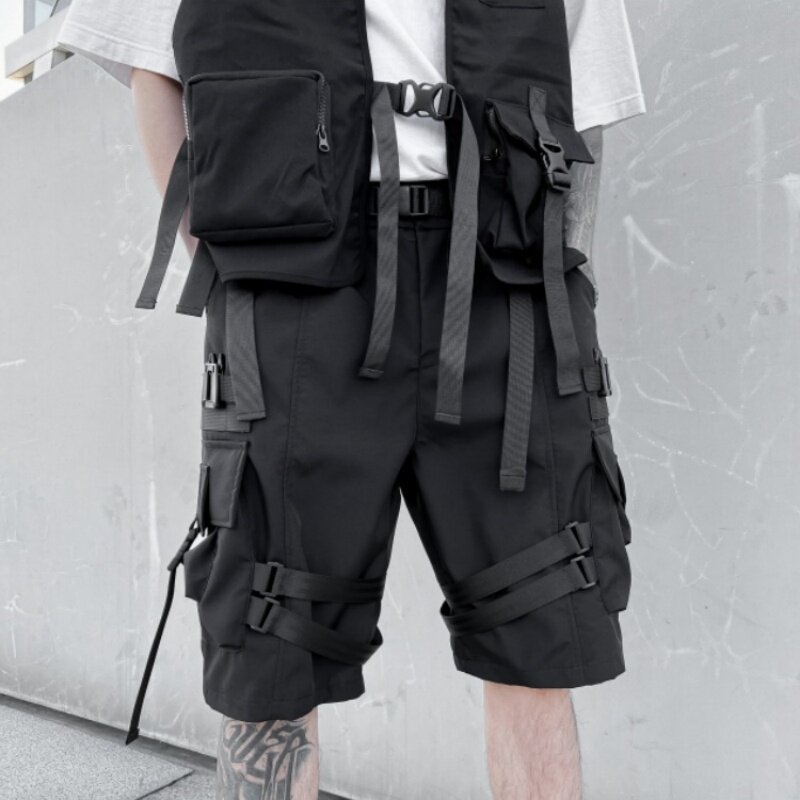 2024 Summer Men Techwear Style Multi-pocket Streamer Patchwork Cargo Pants Y2K High Street Tactical Cropped Pants pantalones