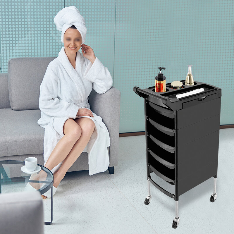 Salon Trolley with Handle and Rolling Wheels 5 Drawers and 2 Hair Dryer Holder Side Tray