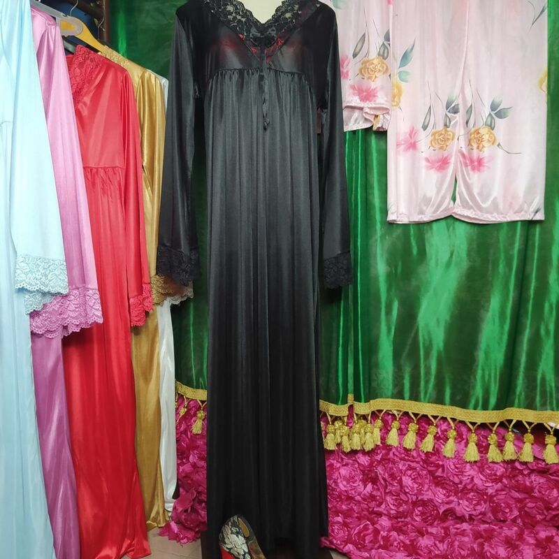 Glossy Sexy Women Lace Satin Maxi Dress V Neck Long Sleeve Loose Long Dress Plus Size Sleeping Robe