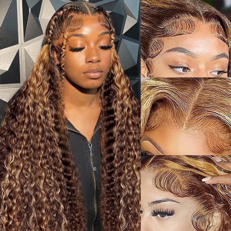 Perruque Lace Front Wig Deep Wave naturelle ombrée-Highlight, cheveux humains, 13x6 HD, perruque Lace Wig 4/27 colorée