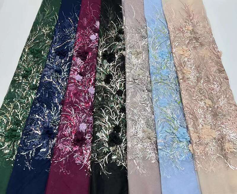 Tela africana de encaje de flores 3D, bordado de lentejuelas, tul francés nigeriano, alta calidad, para boda, 2024