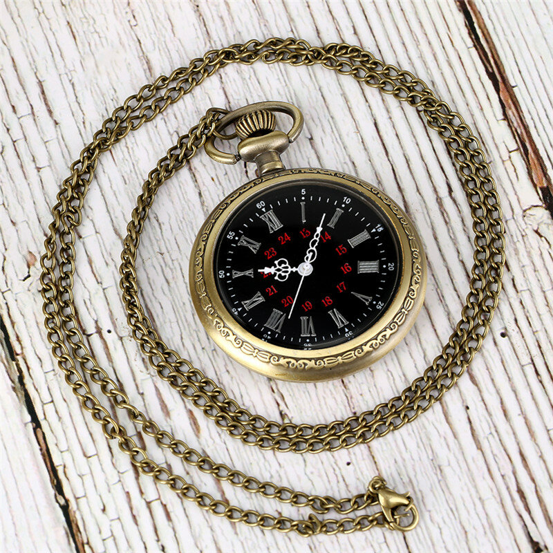Antique Style Clock Open Face Timepiece Men Women Bronze Pocket Watch with Roman Numeral Dial Necklace Pendant Alloy Chain