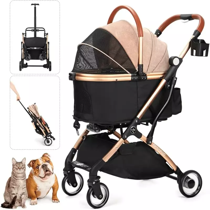 Przycisk dla psa wózek dla zwierzęcia bez zamka błyskawicznego z odpinanym bagażnikiem 3 w 1 składany wózek dla zwierzęcia dla małych psów i średnich kotów wózek samochodowy
