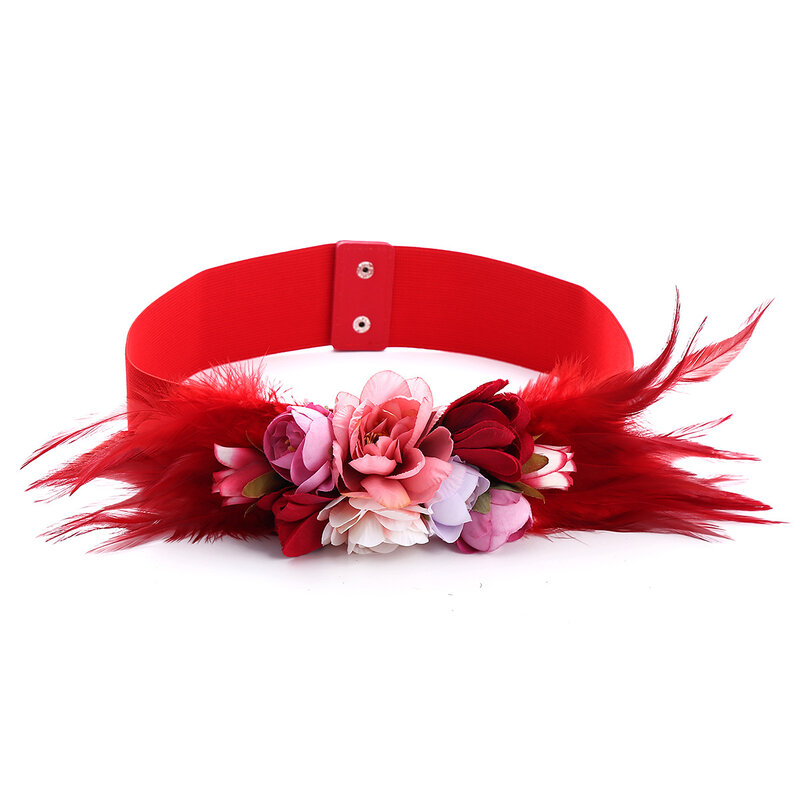 Faja elástica roja con flor de Rosa Artificial y plumas para mujer, cinturón ancho