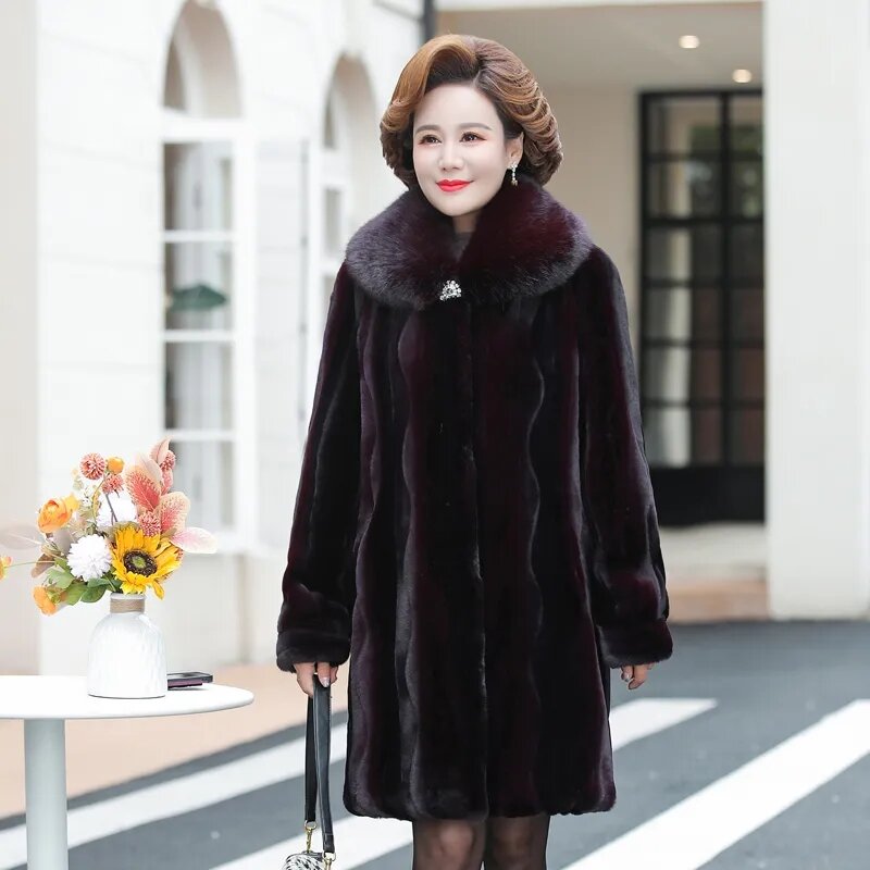 女性のためのハイエンドの合成毛皮のコート,暖かく,長い,襟付き,大きなサイズ,中年,冬,2023