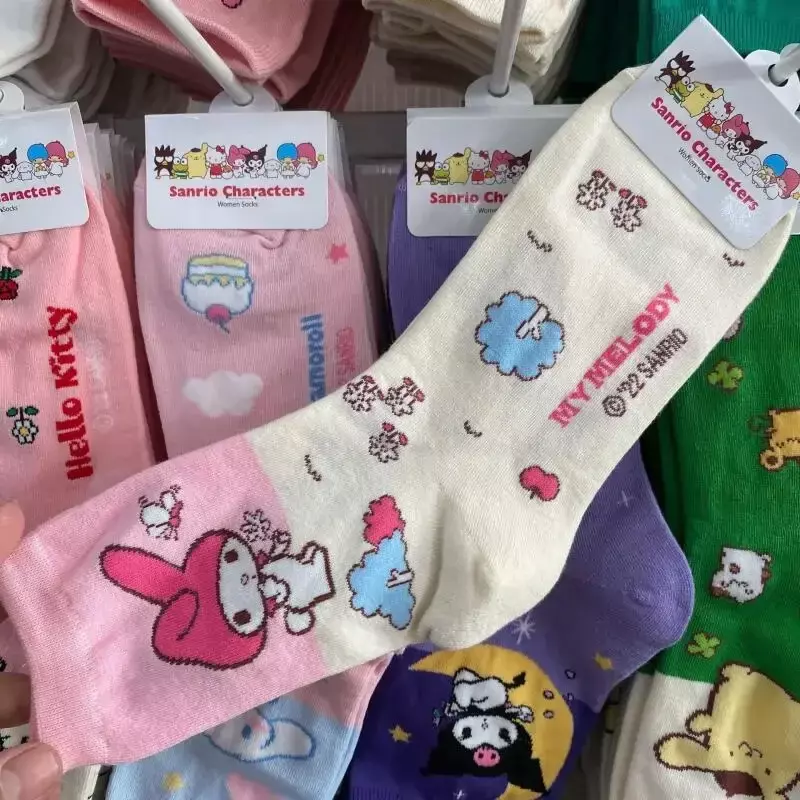 Calcetines Kawaii Sanrio Anime Hello Kitty Kuromi, calcetines de dibujos animados dulces en el tubo, calcetines cálidos de algodón para niñas lindas para el hogar, Otoño e Invierno