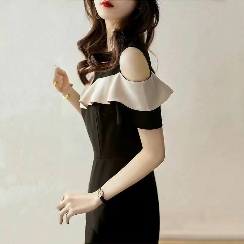 Office Lady O-neck Flounced Edge Off Shoulder Short Sleeve Solid Color Dress Elegant Fashion Straight Loose Women's Clothing