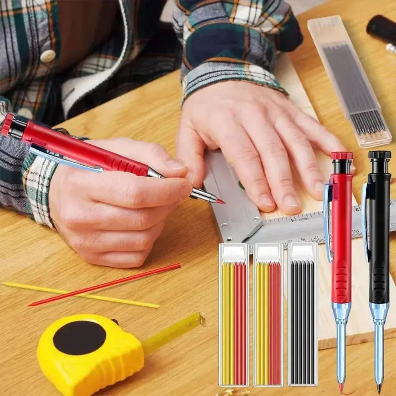 Crayon de charpentier solide à tête longue avec taille-crayon, crayon mécanique pour le travail de calcul, la construction, les fournitures de papeterie