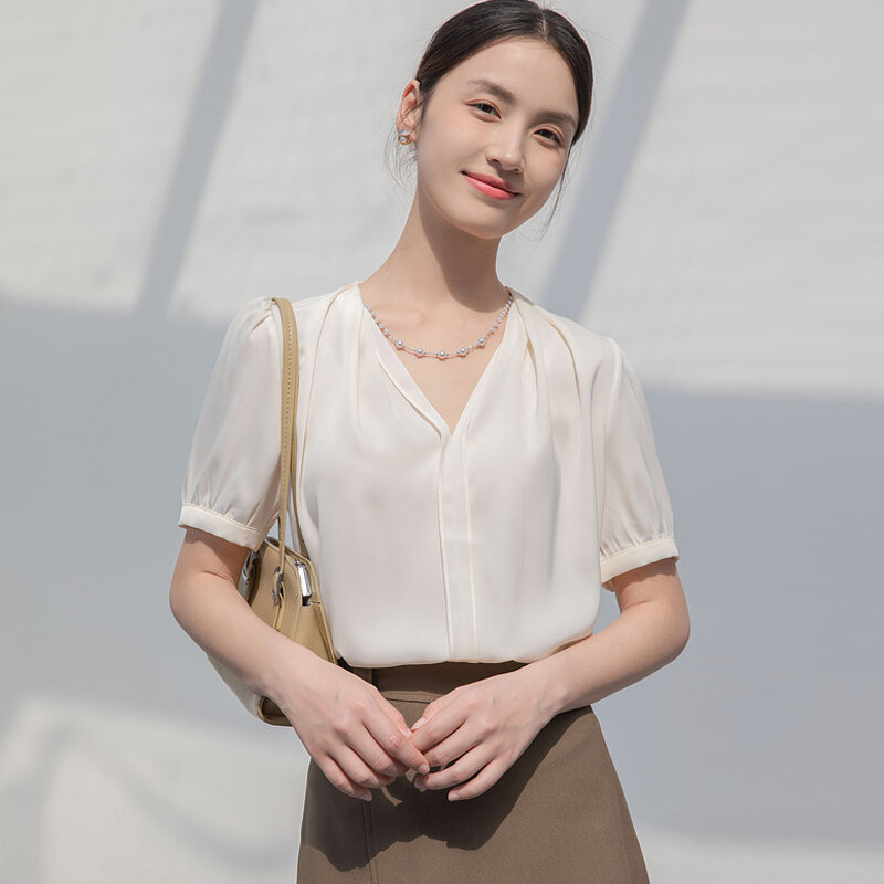 Женская шифоновая блузка с коротким рукавом и V-образным вырезом, модель J116 на лето, 2024