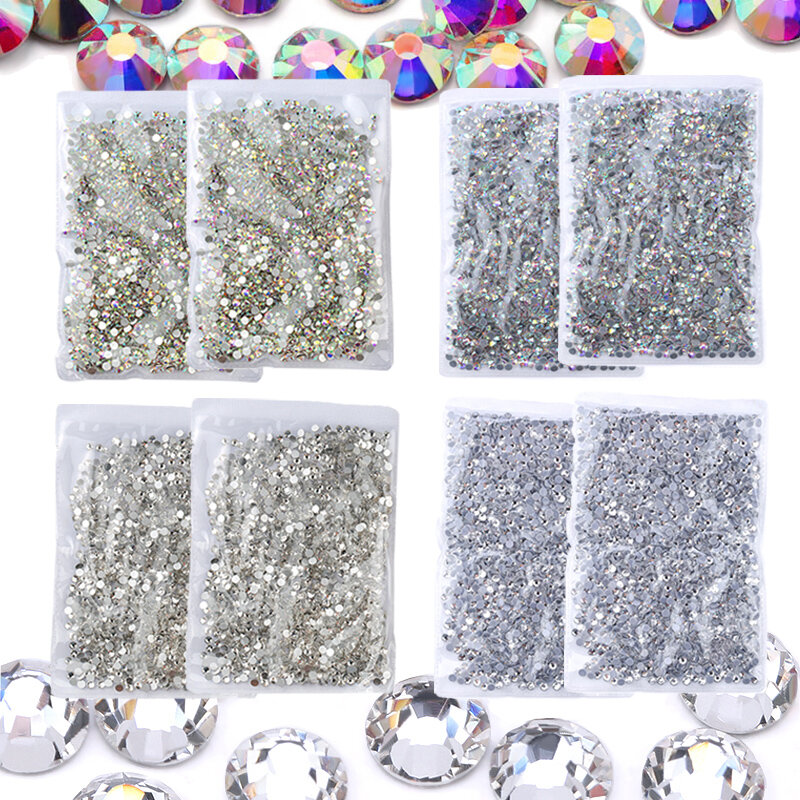 QIAO 2Bags Rhinestones Crystal AB Flatback Diamond Glitter Clear Nail Gem Crafts for Clothing Dresses Rhinestone Decorations