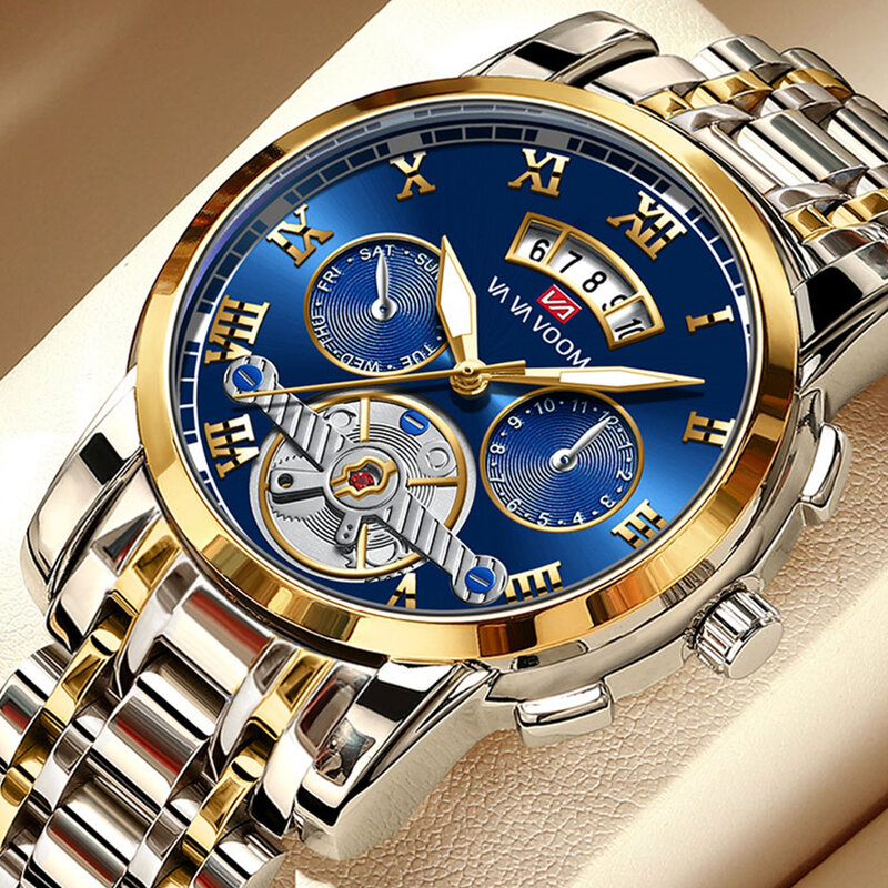 VOOM-Relógio de quartzo masculino com bracelete de aço inoxidável, Impermeável, Brilho, Data, Esporte, Negócios, Moda, Top Brand