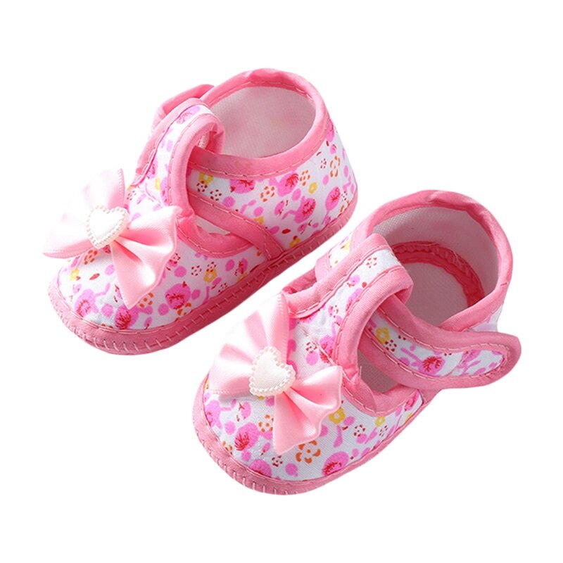 Chaussures plates pour bébés filles, chaussures d'intérieur et d'extérieur pour tout-petits à semelle souple avec imprimé floral et nœud papillon