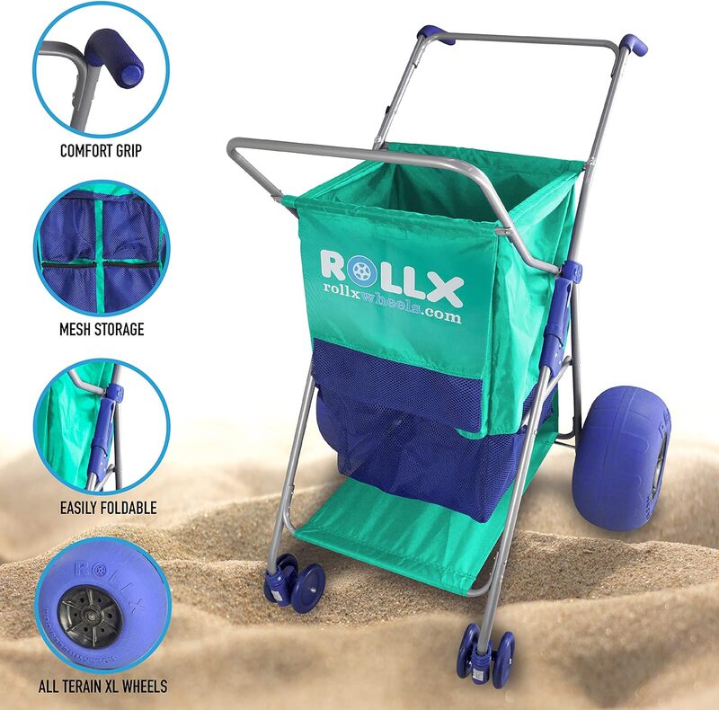 รถเข็นชายหาด rollx มีล้อบอลลูนใหญ่สำหรับทรายรถบรรทุกเก็บของพับได้พร้อมยางชายหาดขนาด13นิ้ว (รวมปั๊ม) (รวมทะเลโฟม)