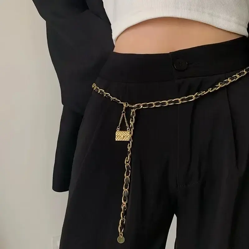 Cinturones de cadena de cintura para mujer, Material de aleación, borla de cabeza de botón, cadena larga, cinturón de vestido versátil diario, nueva moda