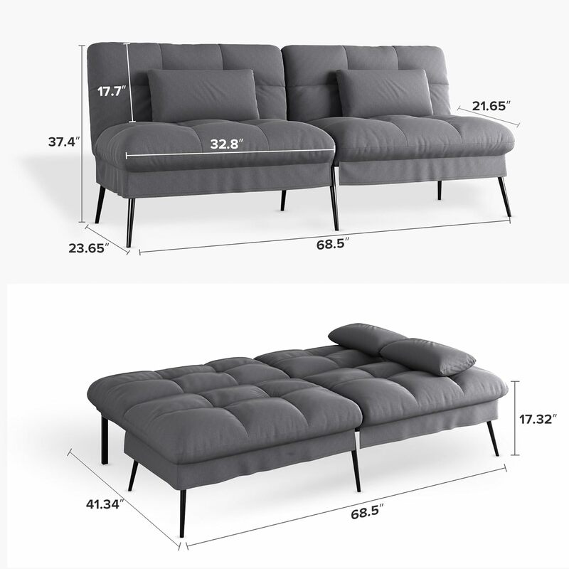 Convertible Futon Sofa Bed, 68″ Fabric Futon Couch with Adjustable Backrest, Folding Futon Sleeper Recliner for Living Room