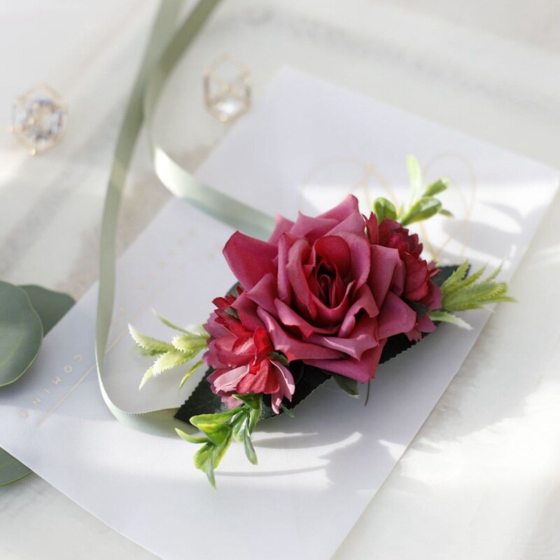 Boutonniere polso corpetto damigelle d'onore braccialetto di nozze seta rosa fiore partito Prom braccialetti braccialetto accessori di nozze