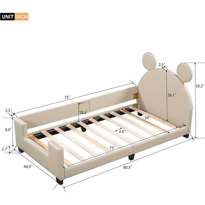 Marco de cama para niños, cama doble de madera para niños, con cabecero de oreja de ratón, sin necesidad de caja de resorte, marco de cama de plataforma baja