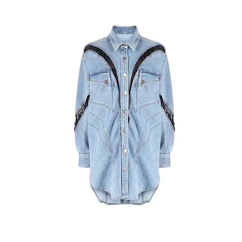 데님 레이스 셔츠 여성 비즈니스 작업복, 긴팔 1 피스 블레이저 재킷, 용수철 캐주얼 코트
