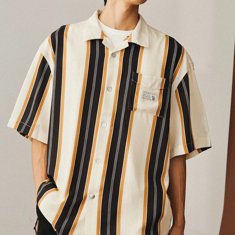 Summer New Turn-down Collar Fashion Short Sleeve Shirt Man High Street Casual Button Cardigan Striped Pockets Patchwork Tops