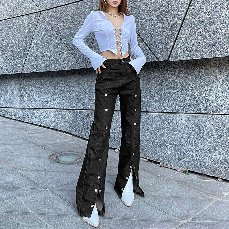 Indie Herz Knopf Jeans Frauen hohe Taille einfarbig weites Bein Hosen Frühling Herbst schwarz y2k neue Vintage Jeans hose