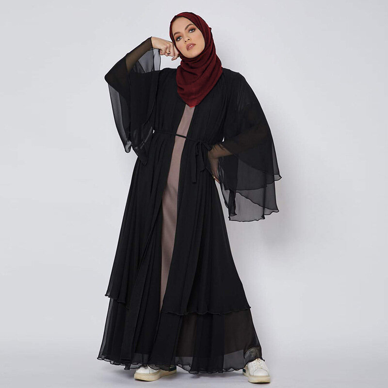 Wepbel árabe Abaya abierto vestido de gasa para mujer Dubai túnica cárdigan vestido Swing grande ropa islámica Hijab Scraf caftán Bata