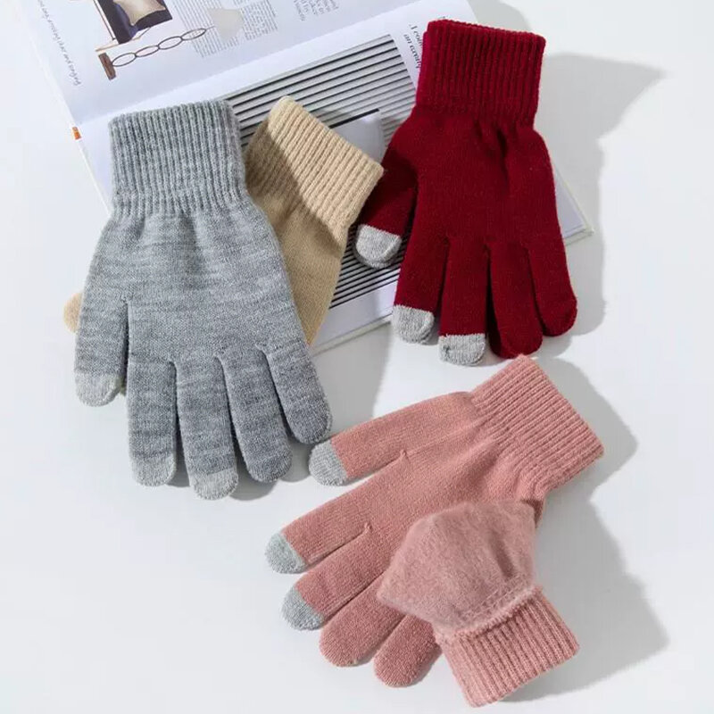 Zimowe dzianinowe pluszowe rękawiczki damskie jesienne pogrubione jednolity kolor pełne mitenki rękawiczki ogrzewacz dłoni para rękawiczki rowerowe