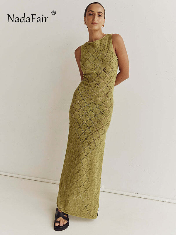 Nadafair женское ажурное вязаное платье, Пляжное тонкое платье без рукавов с круглым вырезом, сексуальное летнее платье макси с разрезом, 2023, черный цвет