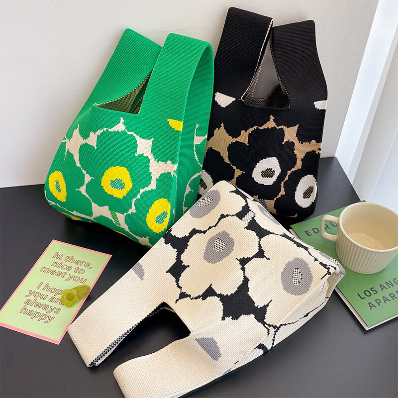 Bolsa de malha artesanal para mulheres, Mini Knot Wrist Bag, Sacola da flor japonesa, Sacos de compras reutilizáveis para meninas