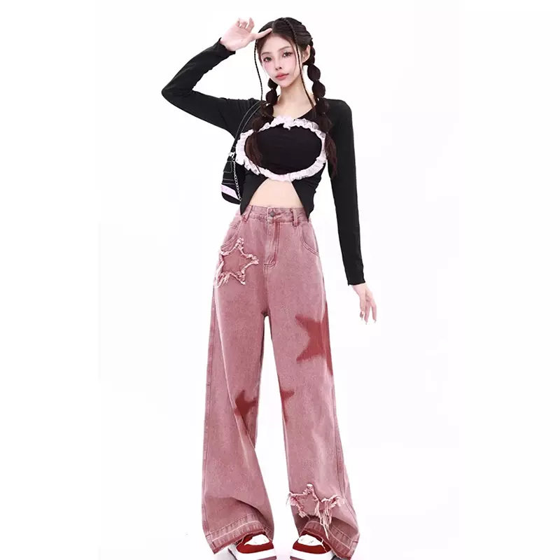 Women's Pink Jeans Letters Printed High-waisted American Street Wide Leg Pants Hip-hop Fashion Retro Straight Y2K Winter Pants