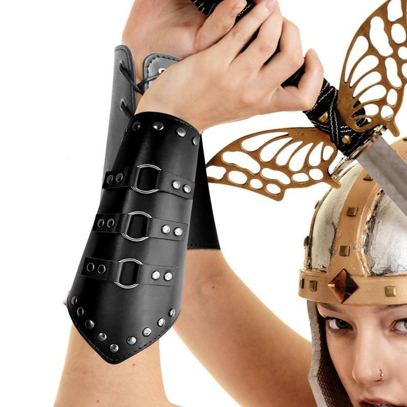 Gelang kulit Abad Pertengahan 2 buah gelang kulit imitasi dapat disesuaikan gelang tangan manset kulit gelang sarung tangan Punk lebar pelindung lengan
