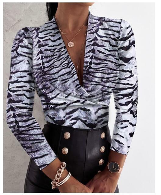 Kaus Seksi Elegan Kantor Fashion Wanita 2023 Atasan Lengan Panjang Leher-v Gambar Cetak Blus Chic Pakaian OL Seksi Macan Tutul Lengan Panjang Leher V
